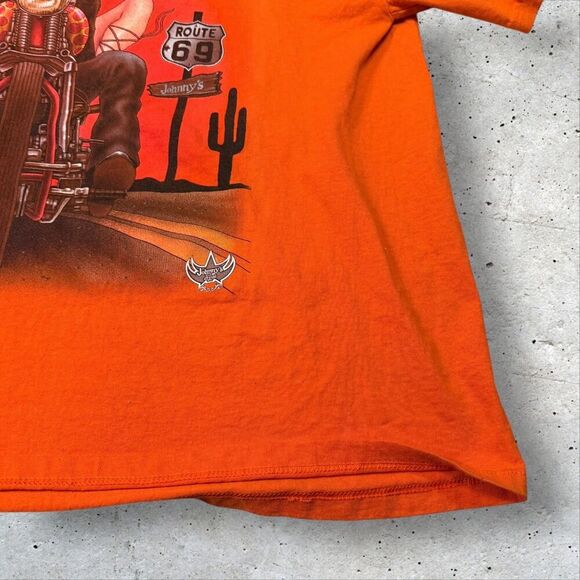 Vtg Johnny’s Route 69 Biker Pinup T-Shirt Orange Sz XL Motorcycle Chopper Moon - Picture 6 of 16